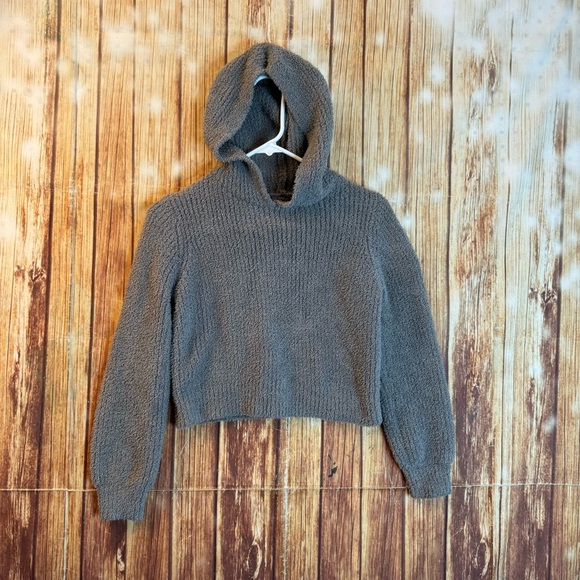 Women’s Gray Hooded Cropped Sweater Textured Knit 100% Recycled Polyester Small - Picture 3 of 9